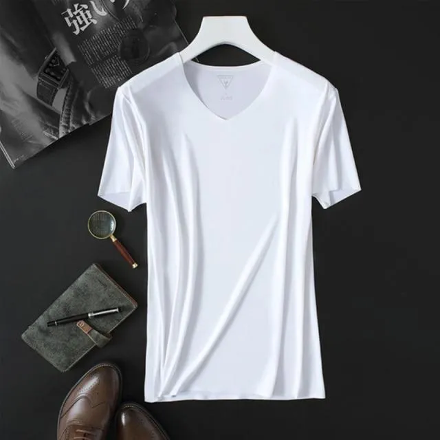 2020 Men's Thin Non-Marking Slim V-Neck Bottoming Fashion Men's Short-Sleeved Ice Silk Summer Solid Color T-Shirt