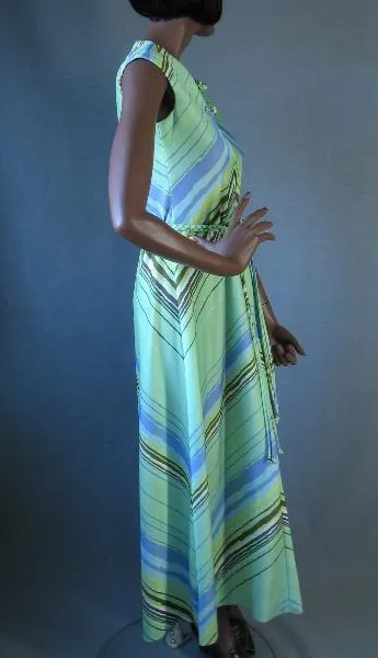 70s Women's Vintage Dress Chevron Stripe Asian Inspired Maxi Modest Small VFG Leslie Fay Green Blue