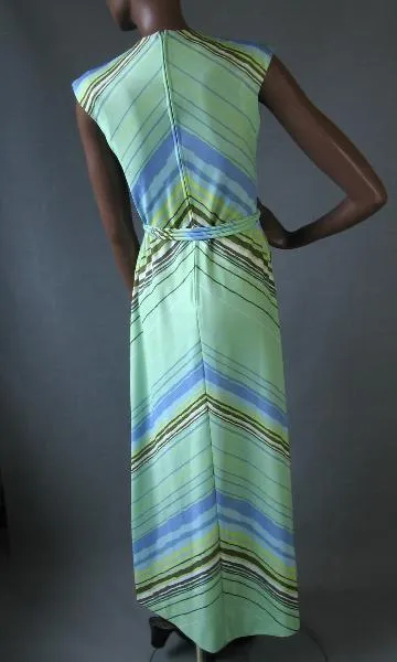 70s Women's Vintage Dress Chevron Stripe Asian Inspired Maxi Modest Small VFG Leslie Fay Green Blue