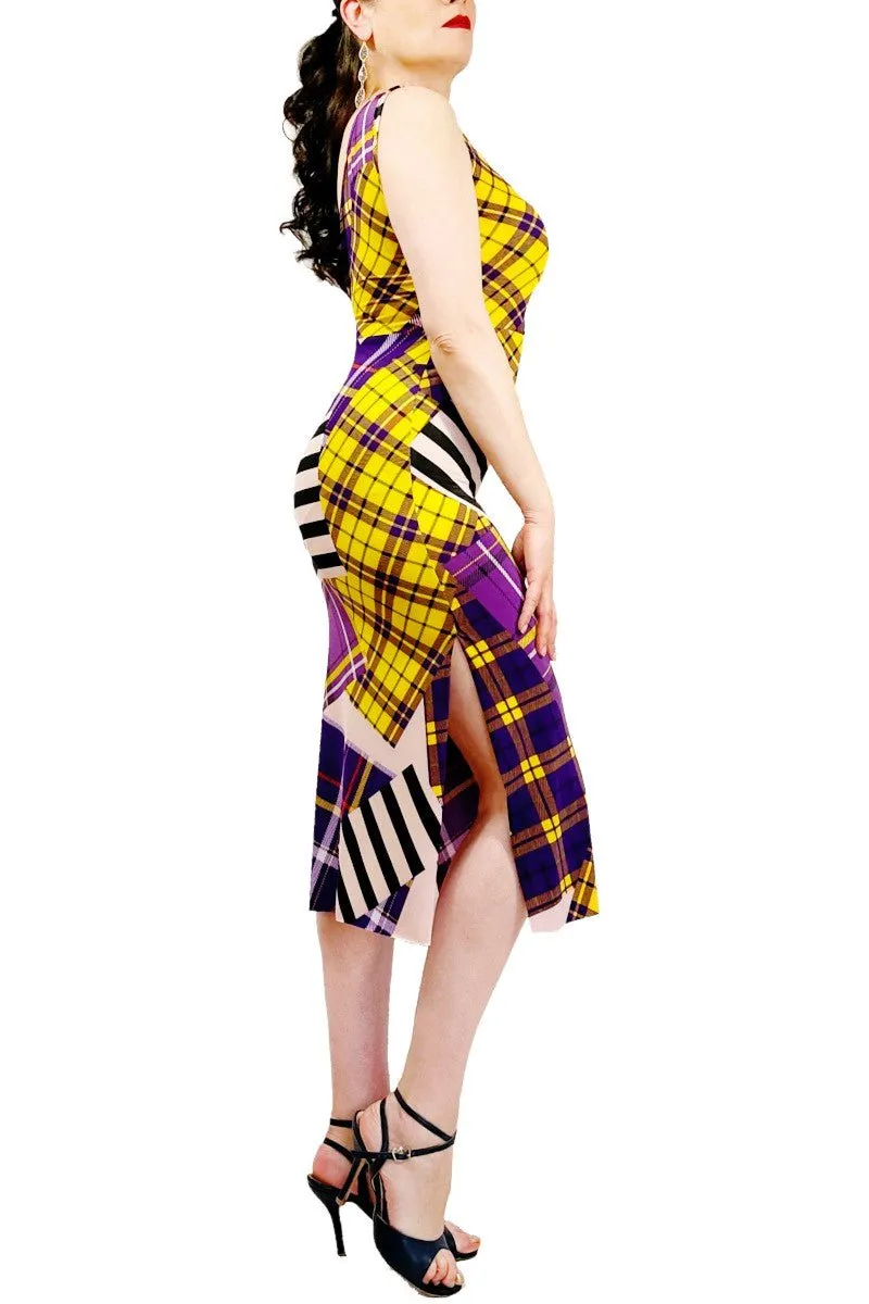 abstract plaid tango dress with side slit