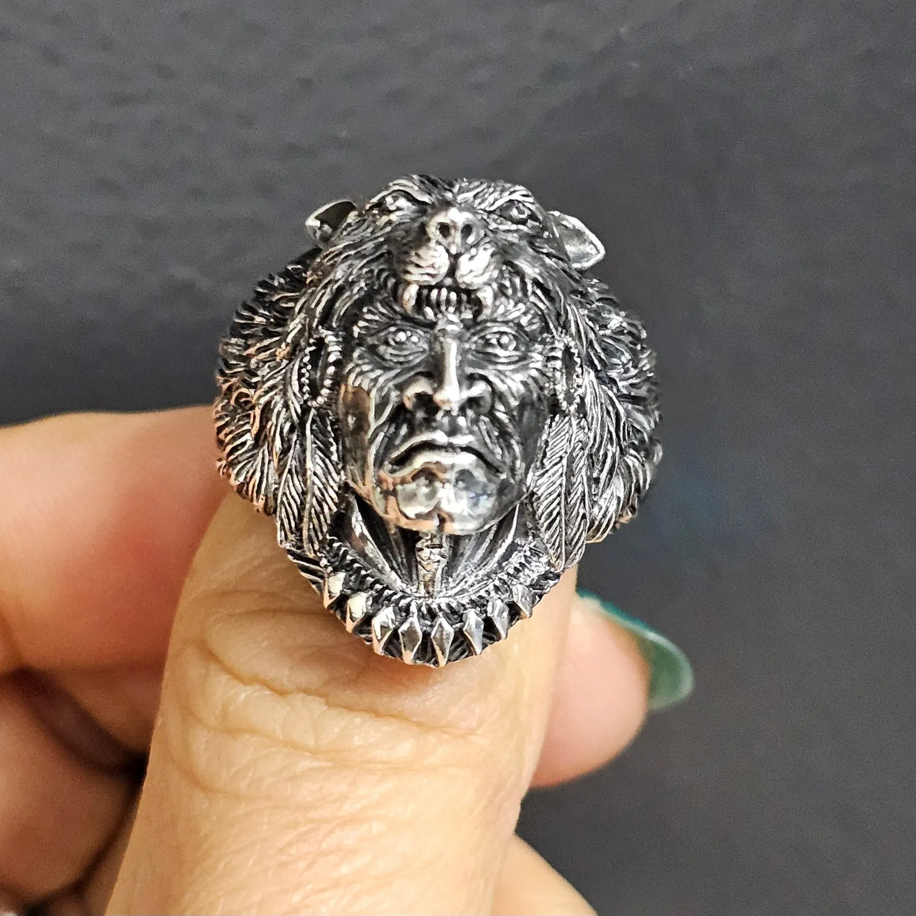 Biker Skull Ring Chunky 925 Sterling Silver Gothic Ring Native American Indian Chief Wolf Head