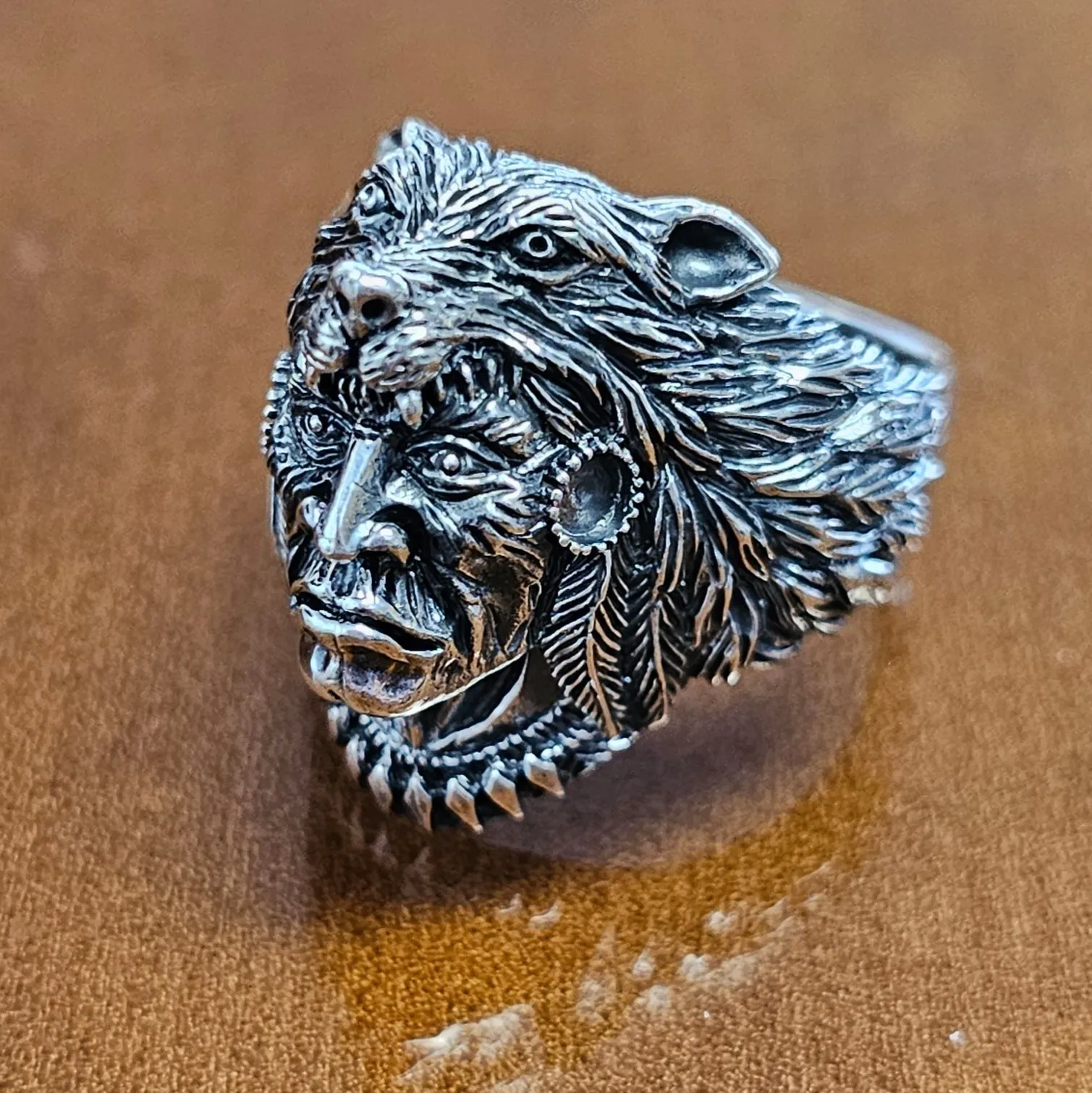 Biker Skull Ring Chunky 925 Sterling Silver Gothic Ring Native American Indian Chief Wolf Head