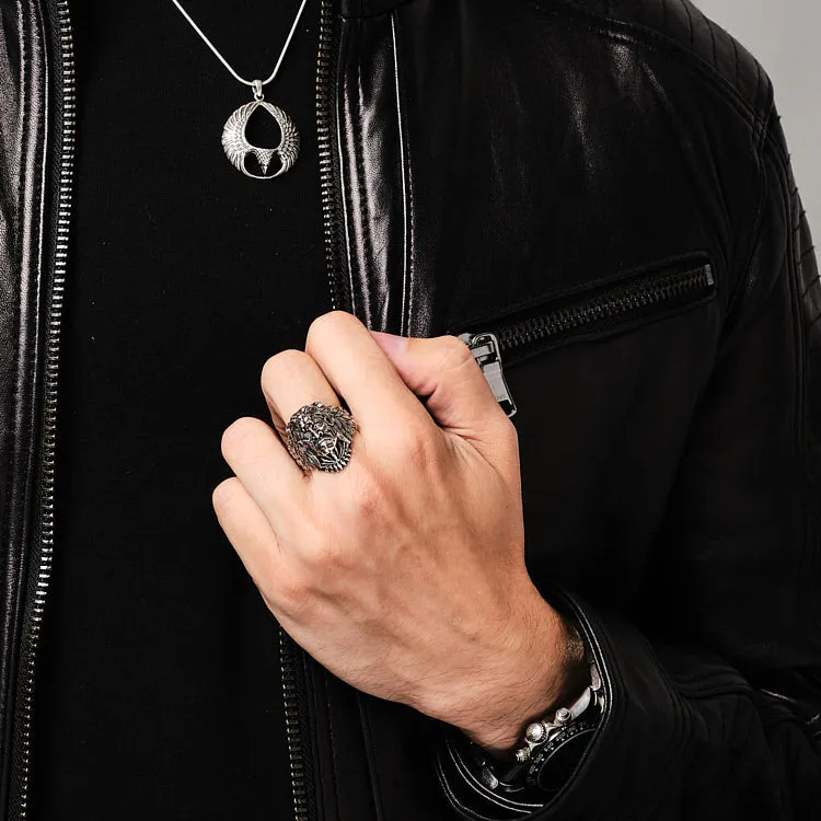 Biker Skull Ring Chunky 925 Sterling Silver Gothic Ring Native American Indian Chief Wolf Head