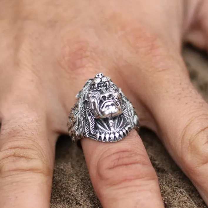 Biker Skull Ring Chunky 925 Sterling Silver Gothic Ring Native American Indian Chief Wolf Head