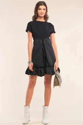 Black Crew Neck Corset Lace-Up Waist Detail Frill Hem Mini Dress /1-2-1-1