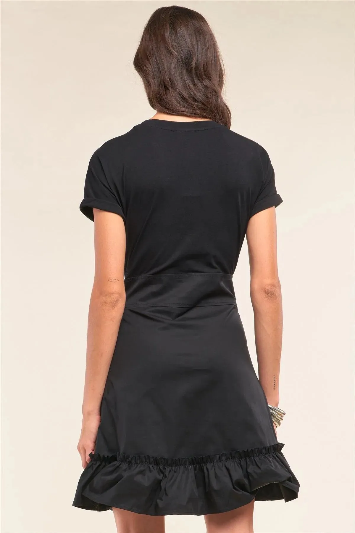 Black Crew Neck Corset Lace-Up Waist Detail Frill Hem Mini Dress /1-2-2-1