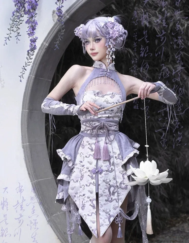 [Blood Supply] Dragon In Wisteria Crystal Tassels Crop Top