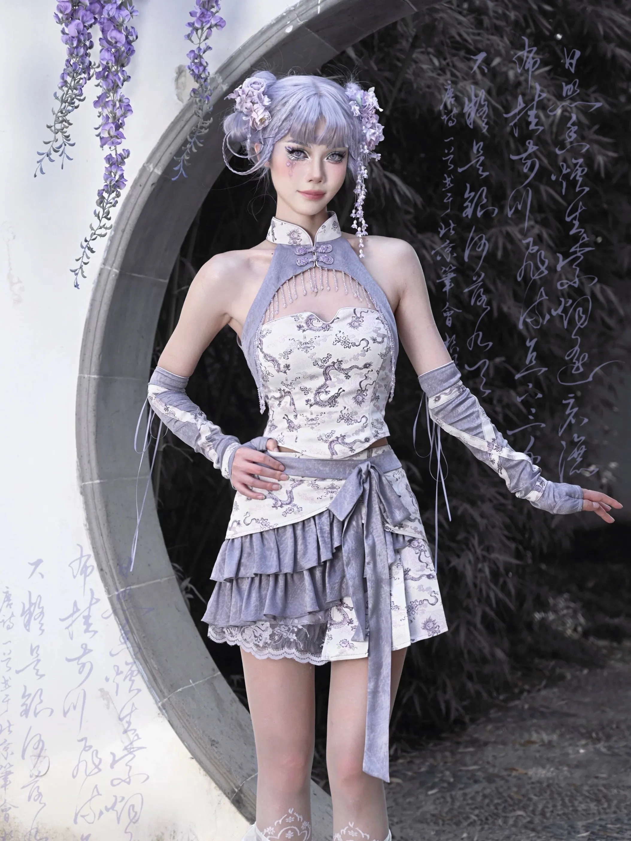 [Blood Supply] Dragon In Wisteria Crystal Tassels Crop Top