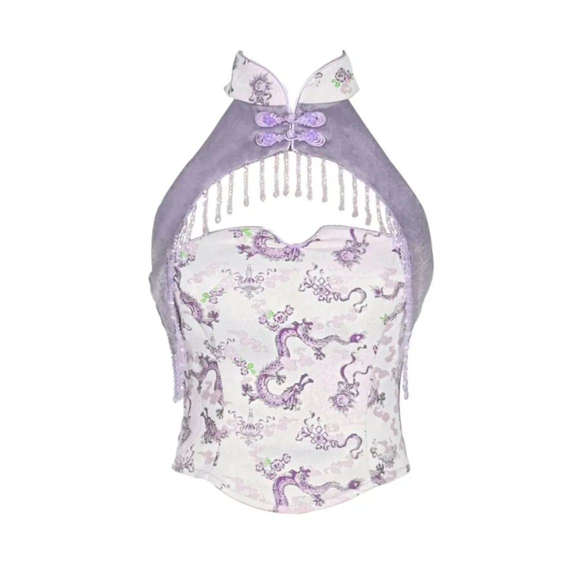 [Blood Supply] Dragon In Wisteria Crystal Tassels Crop Top
