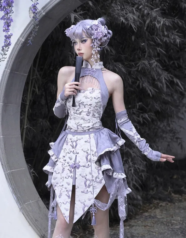 [Blood Supply] Dragon In Wisteria Crystal Tassels Crop Top