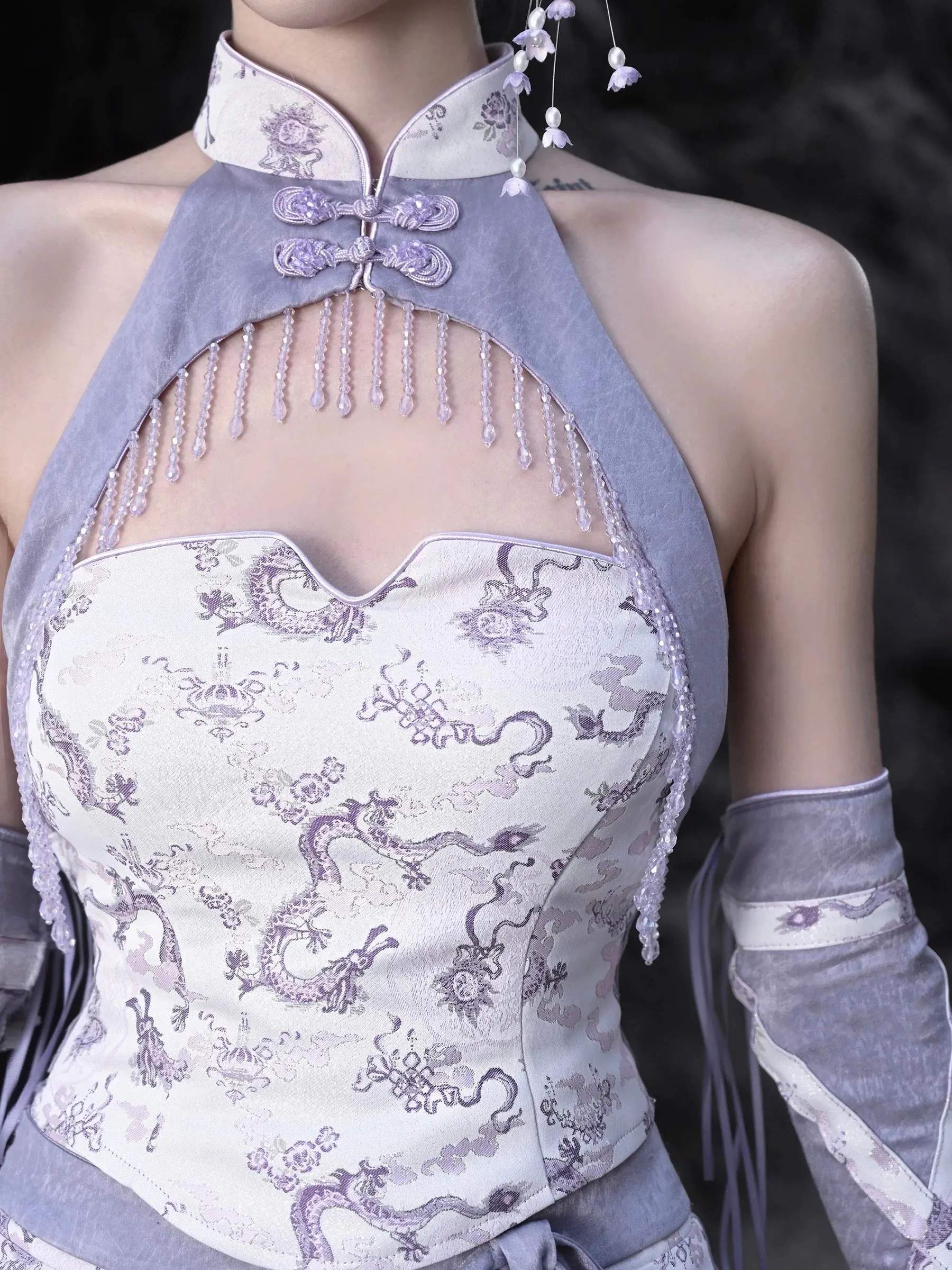 [Blood Supply] Dragon In Wisteria Crystal Tassels Crop Top