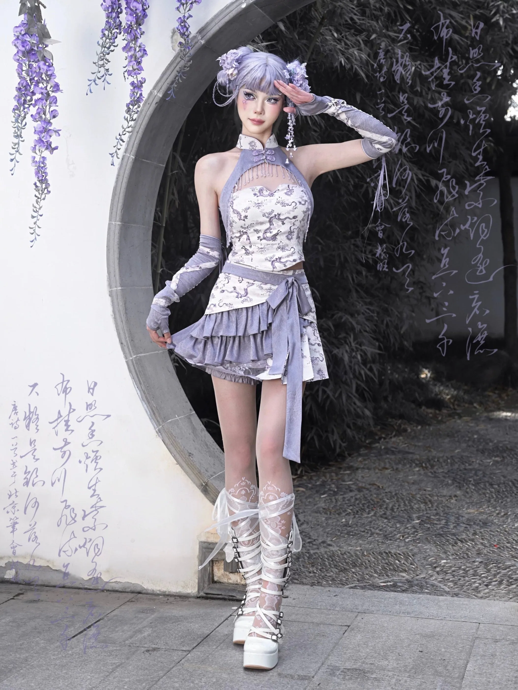 [Blood Supply] Dragon In Wisteria Crystal Tassels Crop Top
