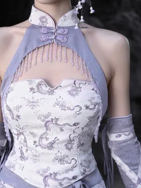 [Blood Supply] Dragon In Wisteria Crystal Tassels Crop Top