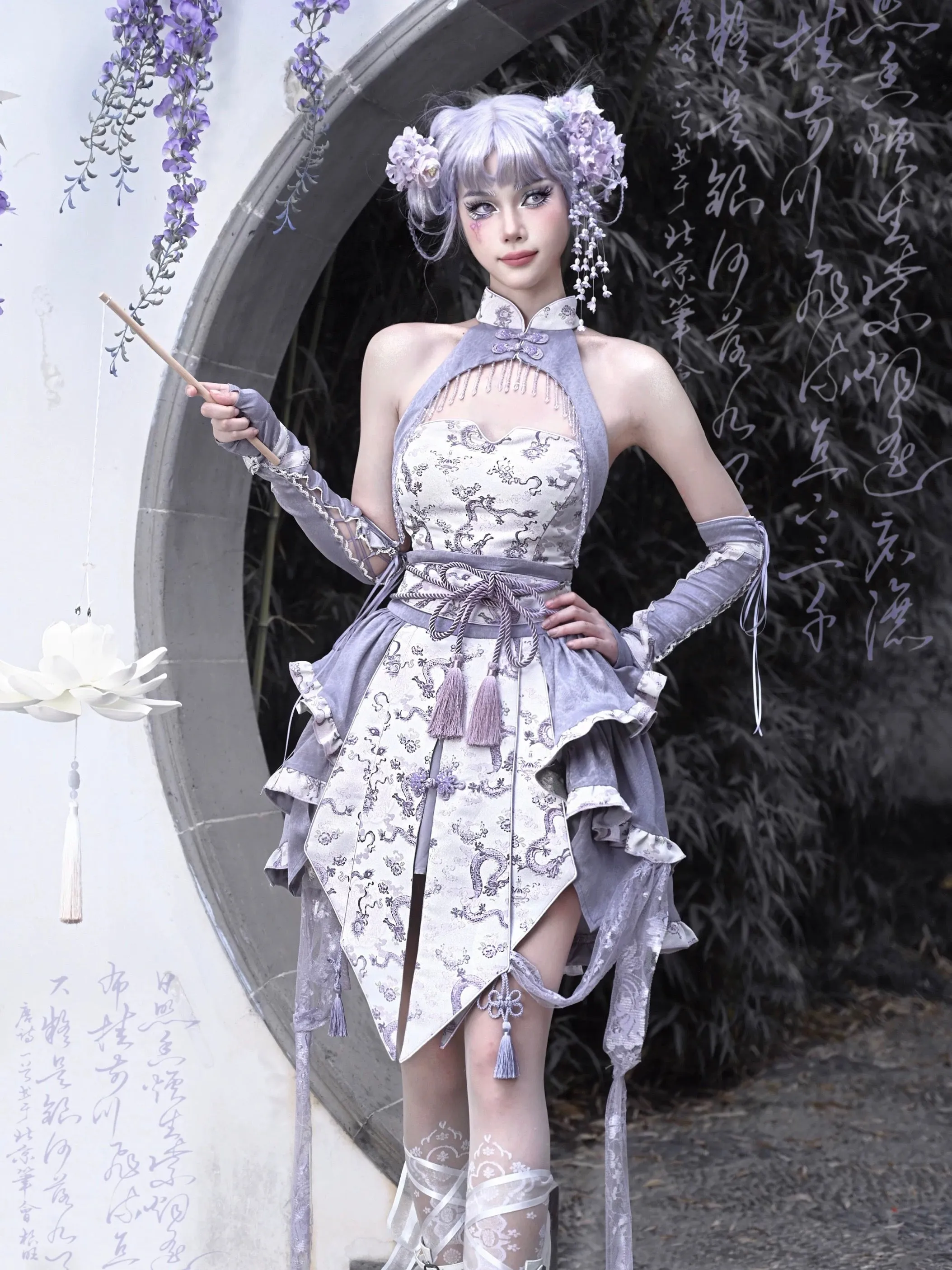 [Blood Supply] Dragon In Wisteria Crystal Tassels Crop Top