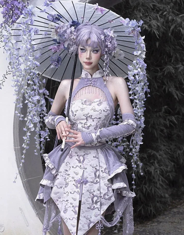 [Blood Supply] Dragon In Wisteria Crystal Tassels Crop Top