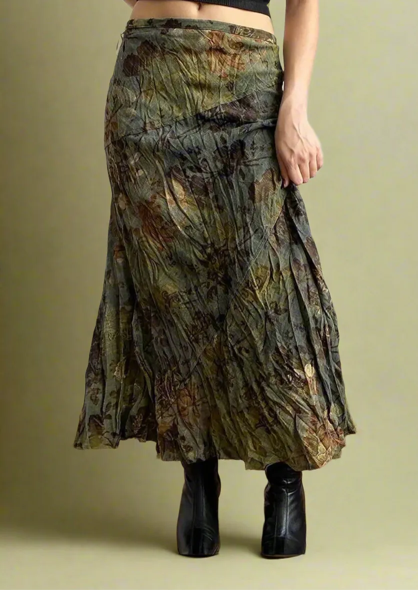Boho Crinkled Floral Midi Skirt