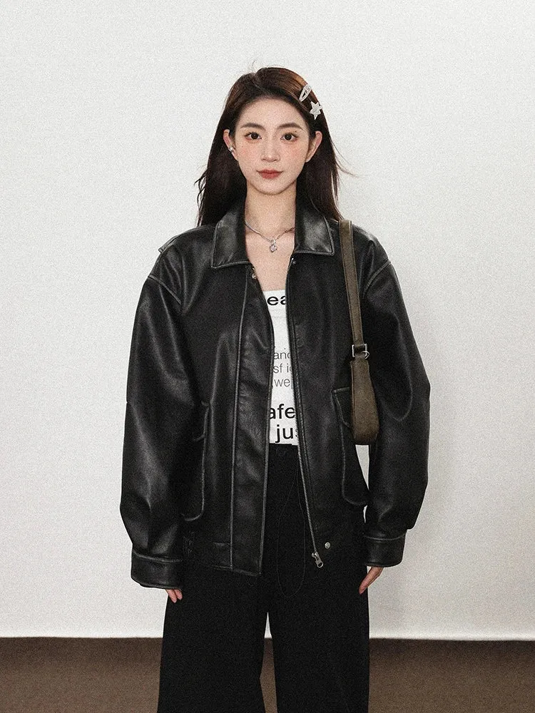 Coole Vintage braune PU-Lederjacke für einen grungy Look