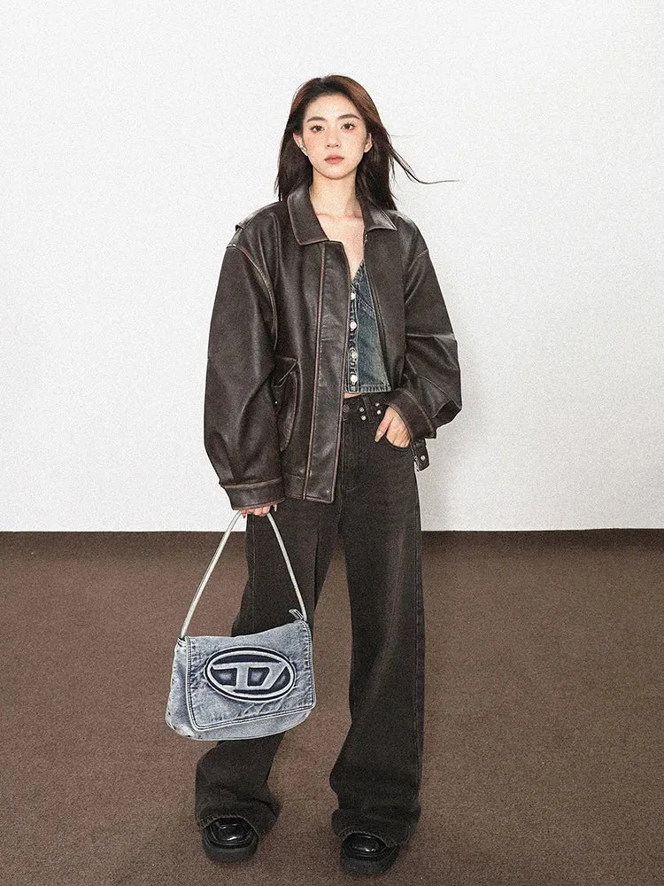 Coole Vintage braune PU-Lederjacke für einen grungy Look