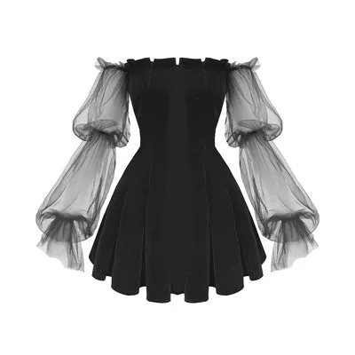 'Dark Queen' Black Grunge Mesh Bell Sleeved Dress