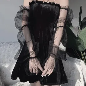 'Dark Queen' Black Grunge Mesh Bell Sleeved Dress