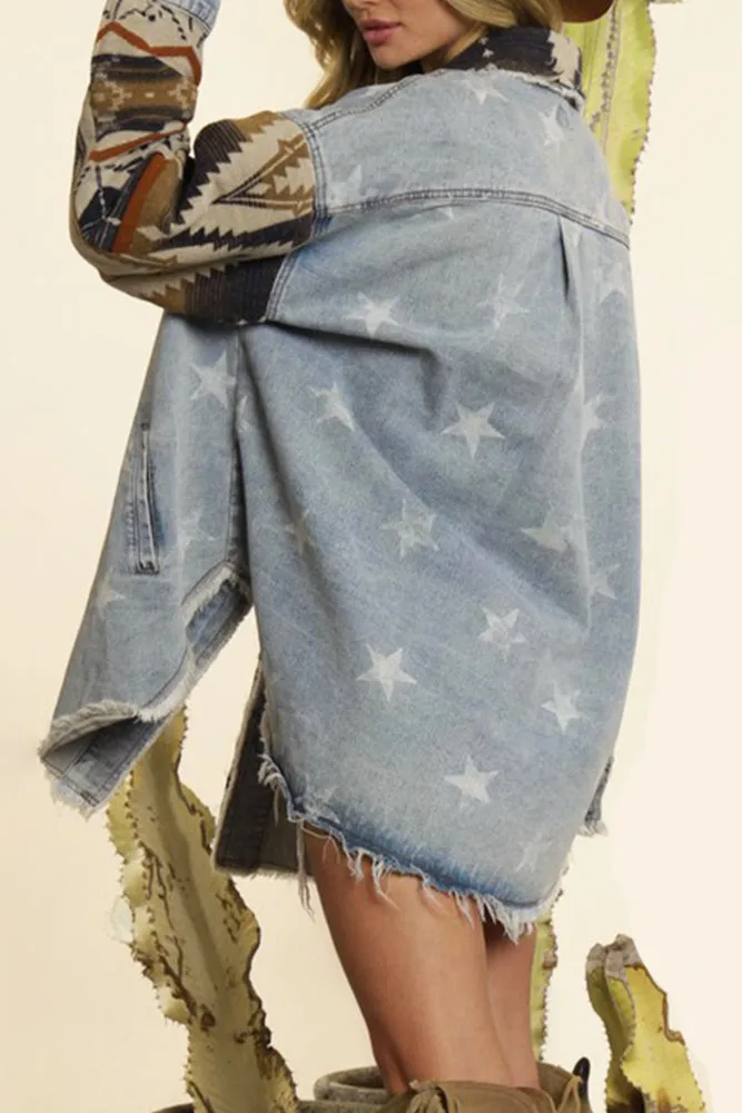 Distressed Aztec Stars Print Patchwork Denim Jacket Coat
