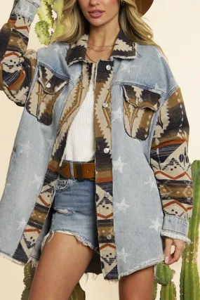 Distressed Aztec Stars Print Patchwork Denim Jacket Coat