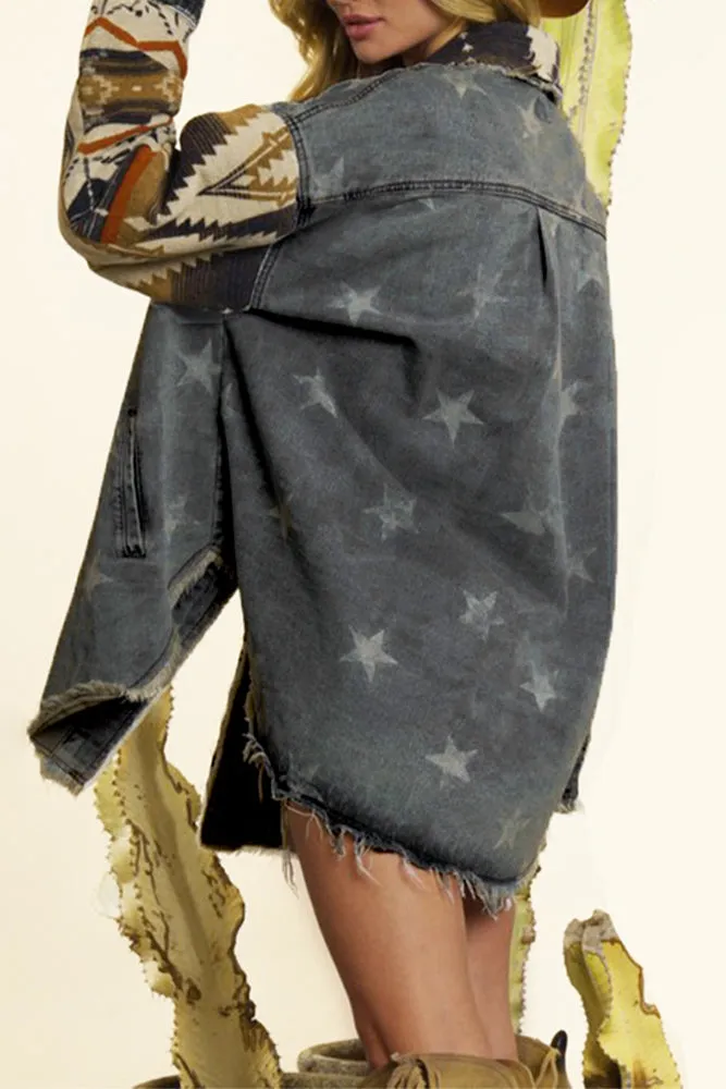 Distressed Aztec Stars Print Patchwork Denim Jacket Coat