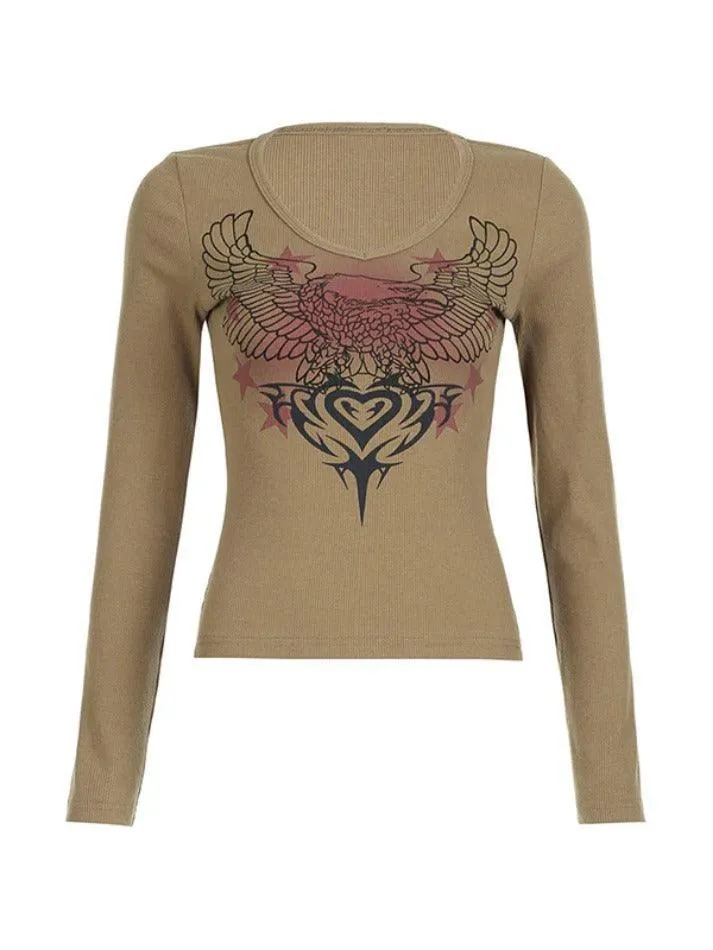 Eagle Print V Neck Long Sleeve Knit
