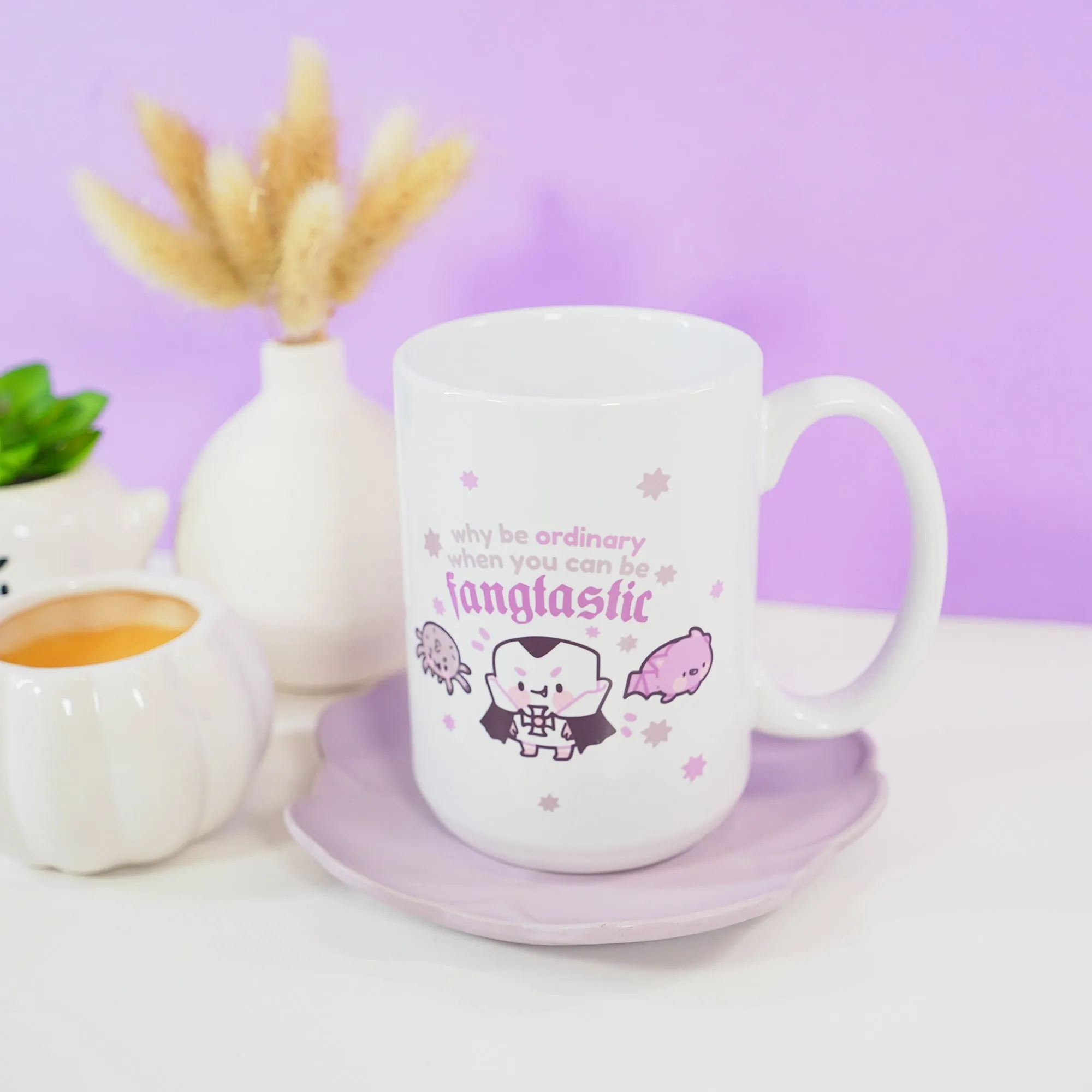 Fangtastic Halloween Coffee Mug | Vampire Marshie, Bartholomew and Fluffy | Gothic Cute Ceramic Tea Cup