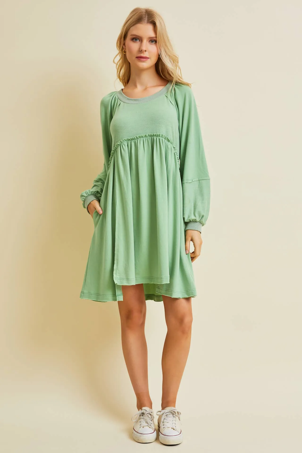 FLOWY FLARE BABYDOLL DRESS WITH POCKETS: APPLE GREEN