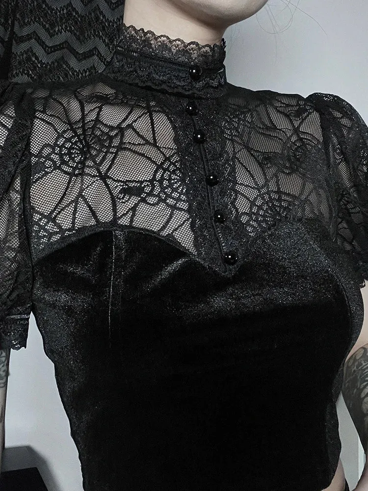 Girlary Dark Gothic Spider Web T-shirt Women Streetwear Coquette Cyberpunk Mesh Patchwork Short Sleeve Croset Crop Tee Top Femme