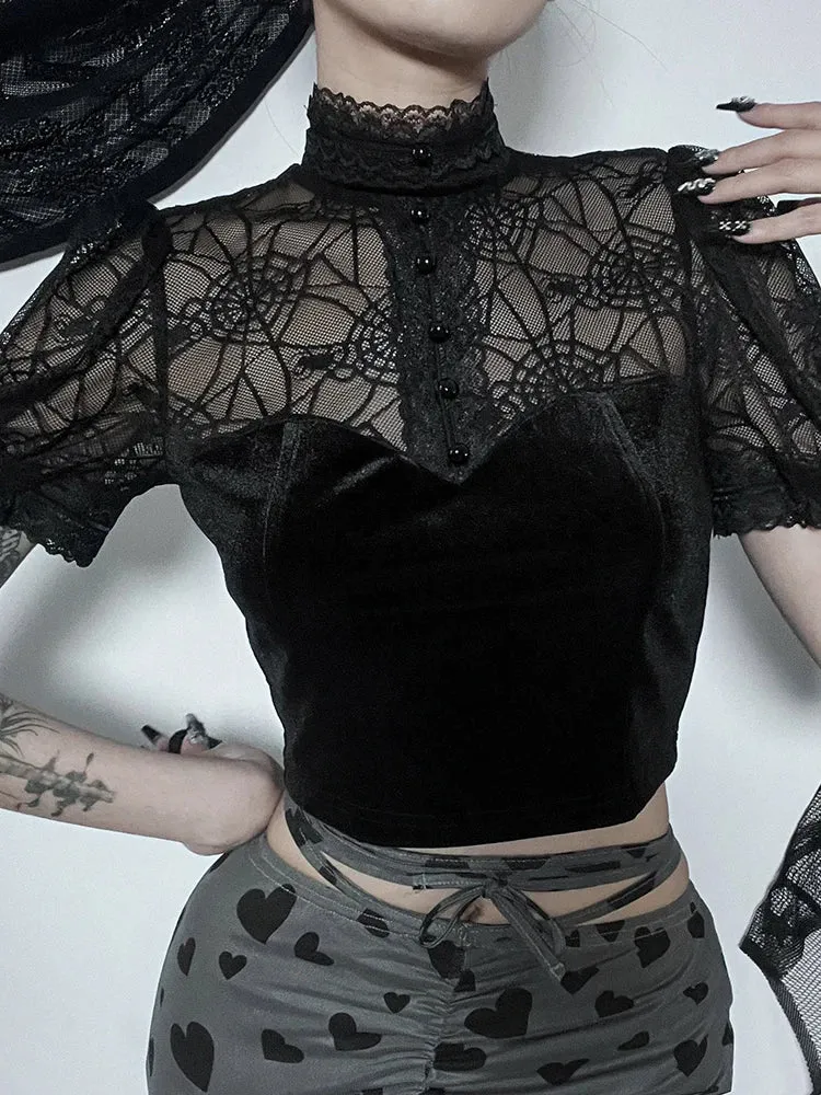 Girlary Dark Gothic Spider Web T-shirt Women Streetwear Coquette Cyberpunk Mesh Patchwork Short Sleeve Croset Crop Tee Top Femme