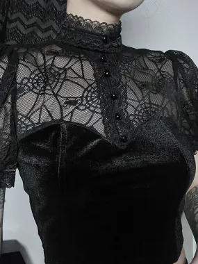 Girlary Dark Gothic Spider Web T-shirt Women Streetwear Coquette Cyberpunk Mesh Patchwork Short Sleeve Croset Crop Tee Top Femme