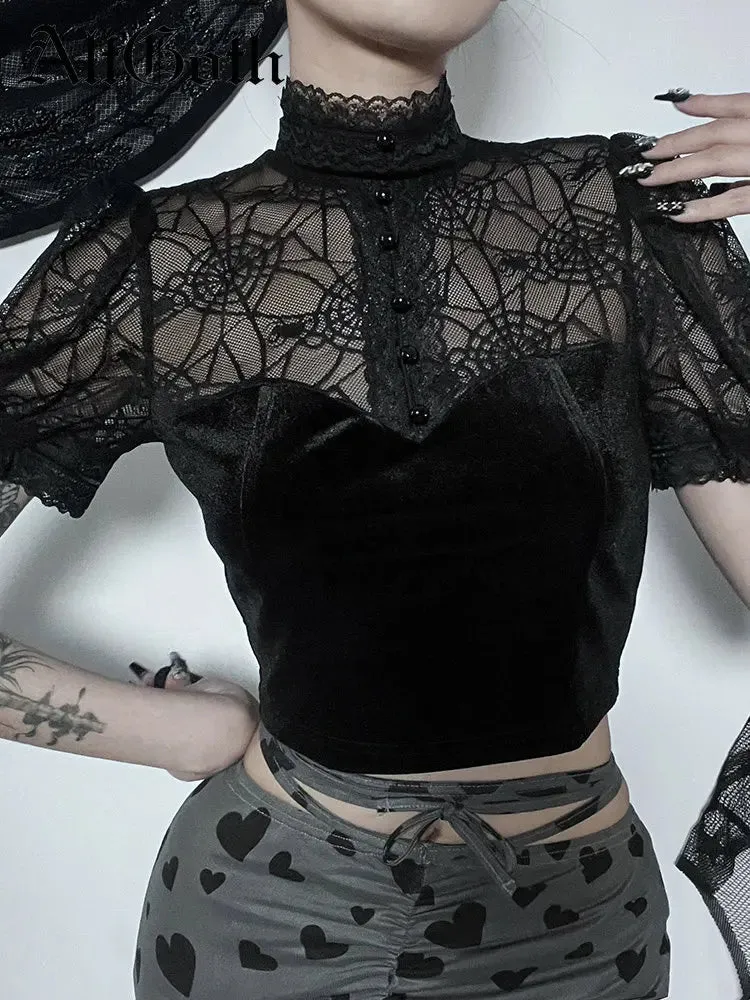 Girlary Dark Gothic Spider Web T-shirt Women Streetwear Coquette Cyberpunk Mesh Patchwork Short Sleeve Croset Crop Tee Top Femme