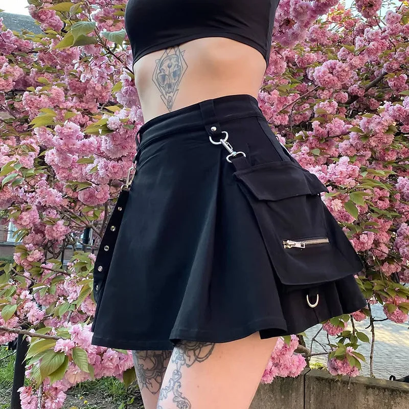 Girlary Gothic Mini Skirt With Pocket Women Y2K Grunge Harajuku Punk Bandage High Waist Skirts Y2K Emo Alt Streetwear