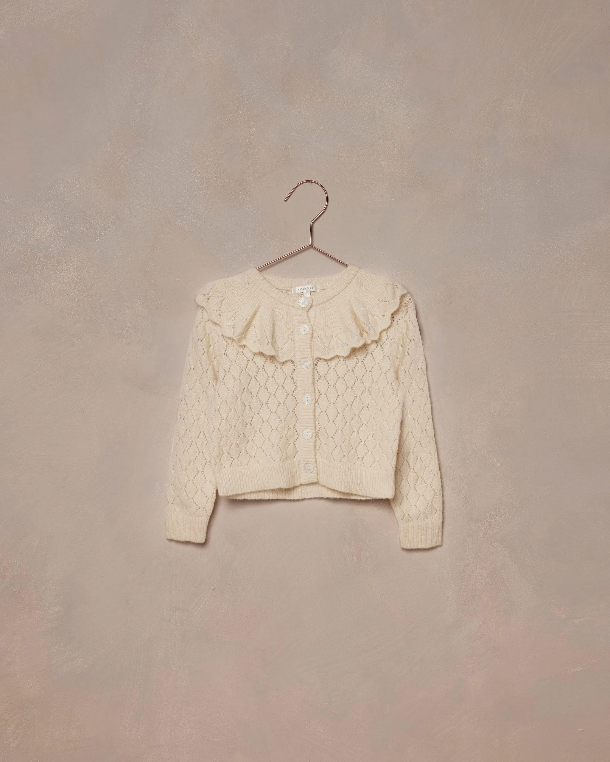 Girls Tops | Ruffle Cardigan Sweater in Ecru | Noralee