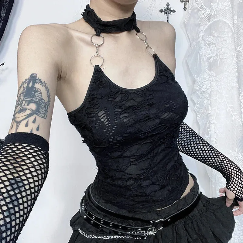 Gothic Cyberpunk Basic Ring Backless Bodycon Sexy Harajuku Halter Y2K Crop Top