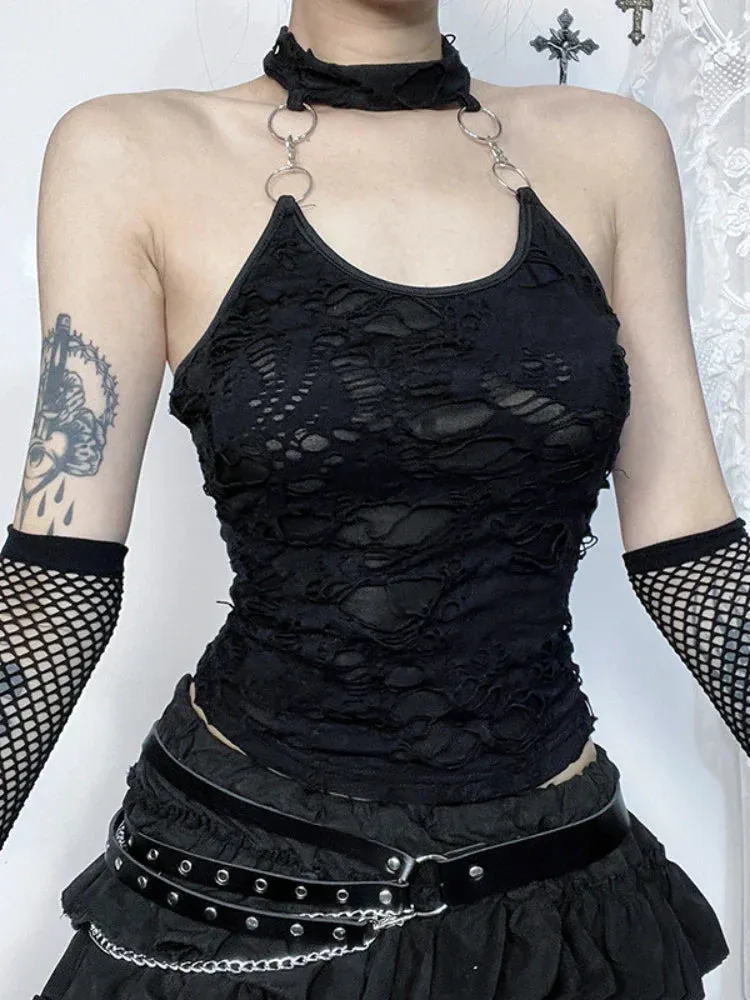 Gothic Cyberpunk Basic Ring Backless Bodycon Sexy Harajuku Halter Y2K Crop Top