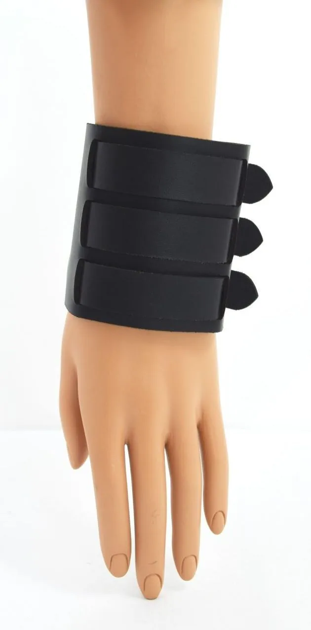 Gothic Grunge Punk Emo Wide Triple Buckle Genuine Leather Wristband Bracelet Unisex