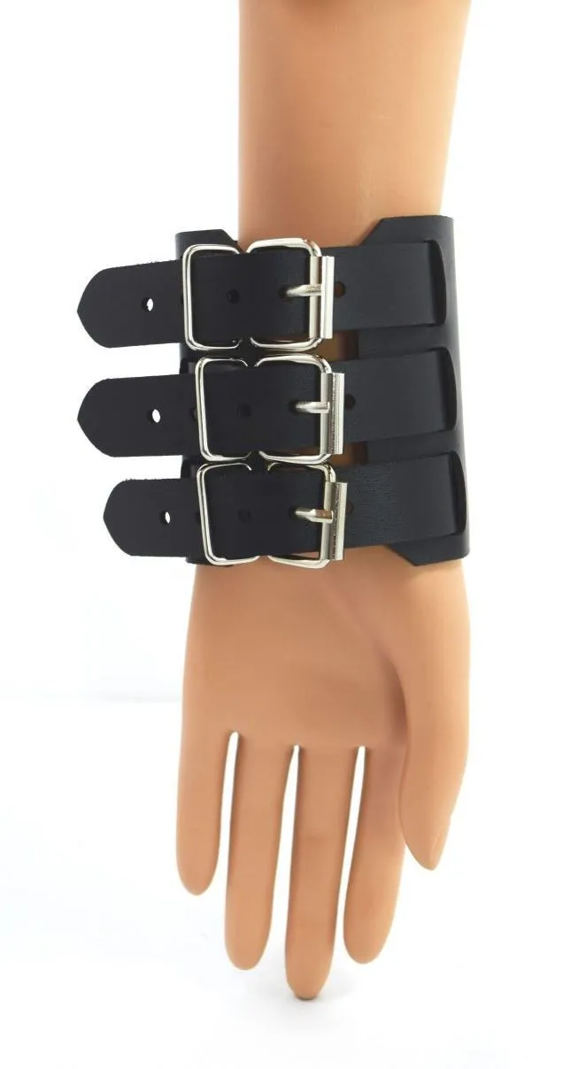 Gothic Grunge Punk Emo Wide Triple Buckle Genuine Leather Wristband Bracelet Unisex