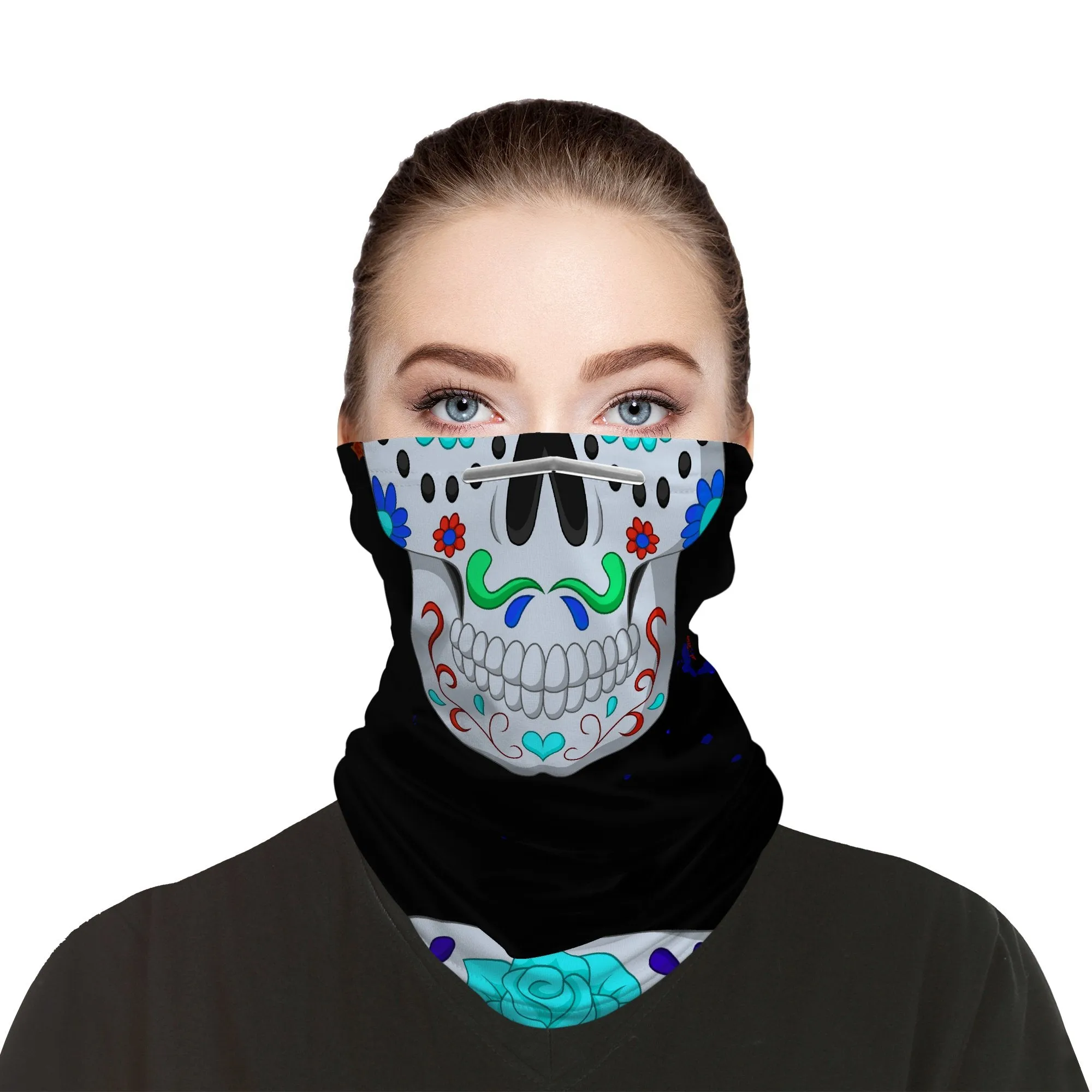 Gothic Skull Snood Face Mask Balaclava Scarf Cover | 2x - 50x Disposable Five Layer Filter Pads Available