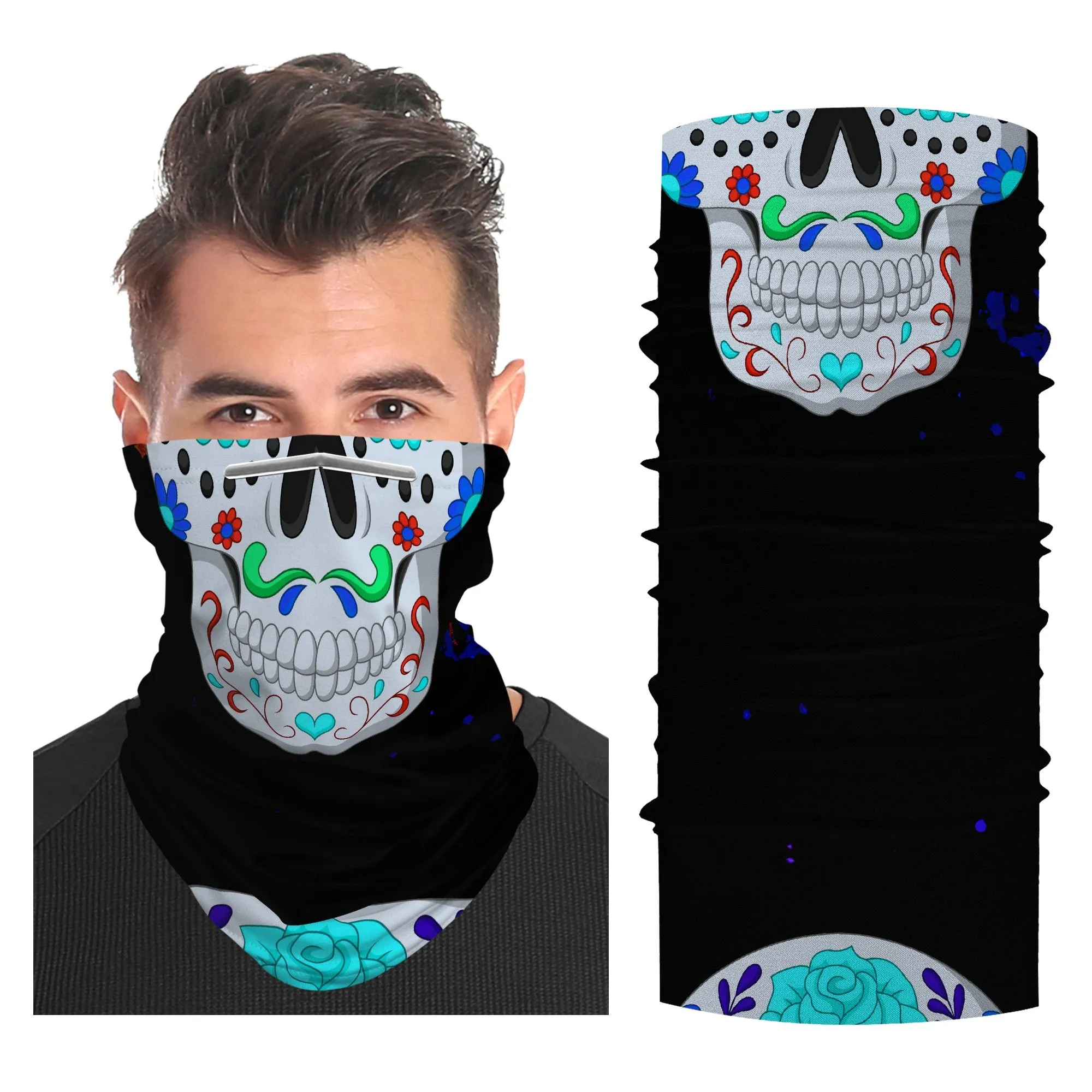 Gothic Skull Snood Face Mask Balaclava Scarf Cover | 2x - 50x Disposable Five Layer Filter Pads Available