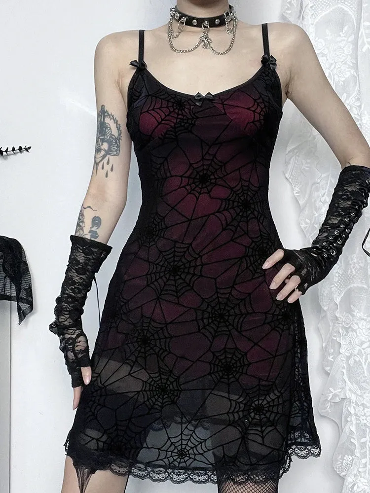 Gothic Spider Stretch Lace Grunge Strap Spaghetti Lace Print Web Cami Contrast Dress