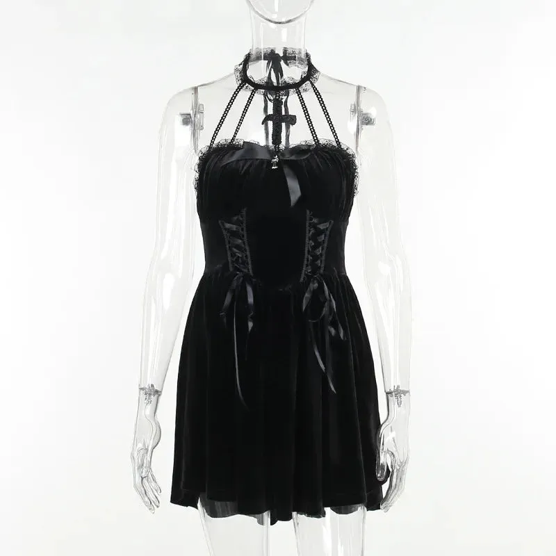 Gothic Velvet Criss-Cross Dress Vintage Draped Lace Sleeveless Bodycon Backless A-Line Cocktail Party Dress
