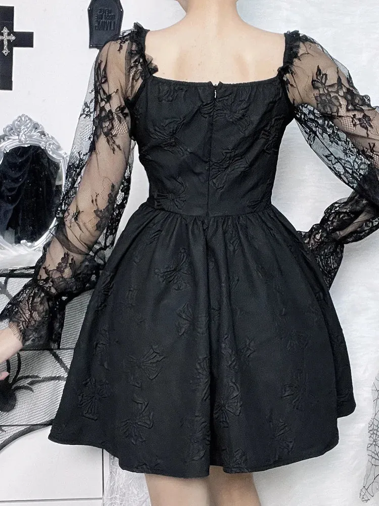 Grunge Party High Waist Gothic Dark Sexy A-Line Jacquard Lace Sleeve Lolita Vintage Harajuku Outfit