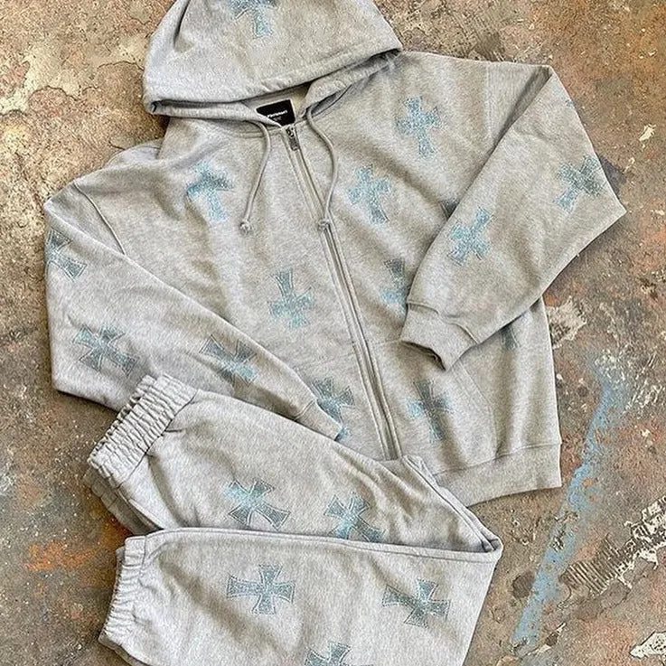 Grunge Y2k Cross Hoodie Set