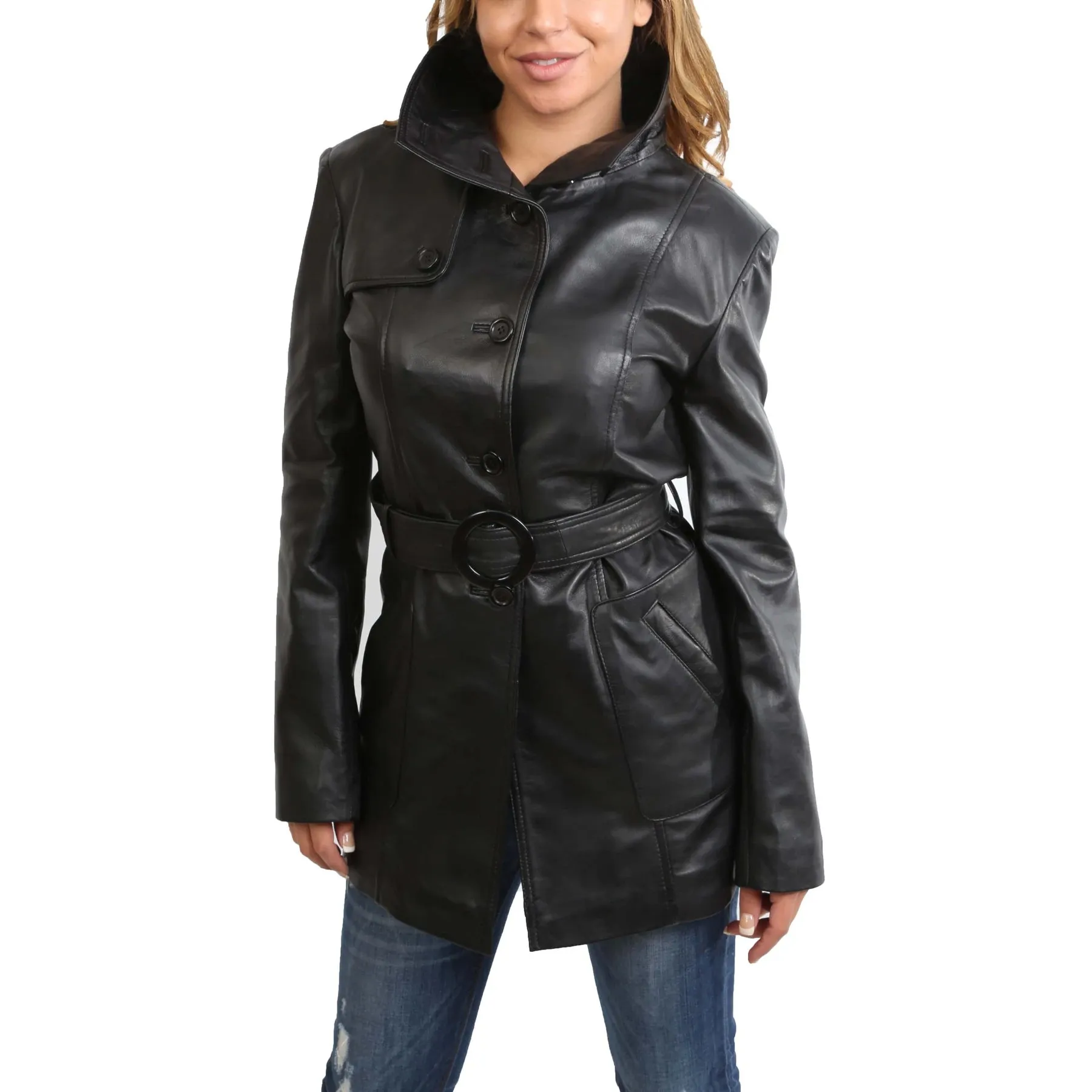 Hip Length Real Leather Women's Trench Coat