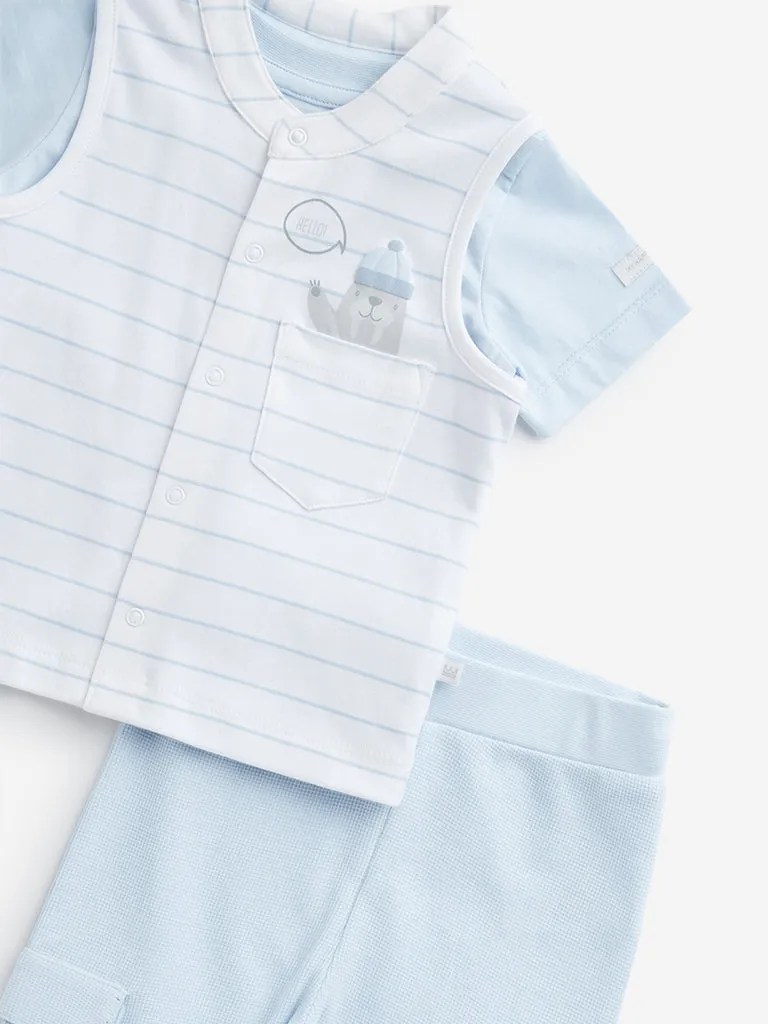 HOP Baby Light Blue Cotton T-Shirt, Waistcoat and Pants Set