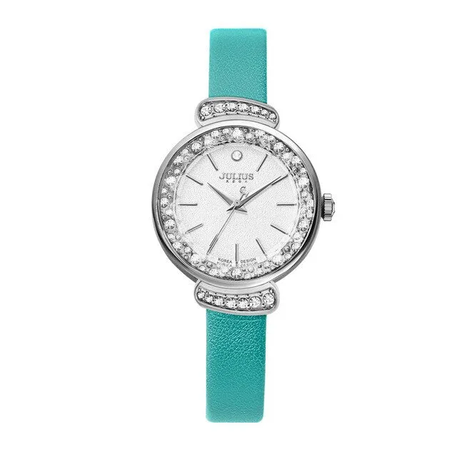 JULIUS Women's Fashion Dress Watch Rhinestone Whatches Mint Green Pink Leather Strap Slim Watch for Small Wrist Relogio JA-866