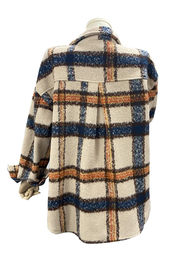 Khaki Plaid Open Button Pockets Winter Outfits Coat